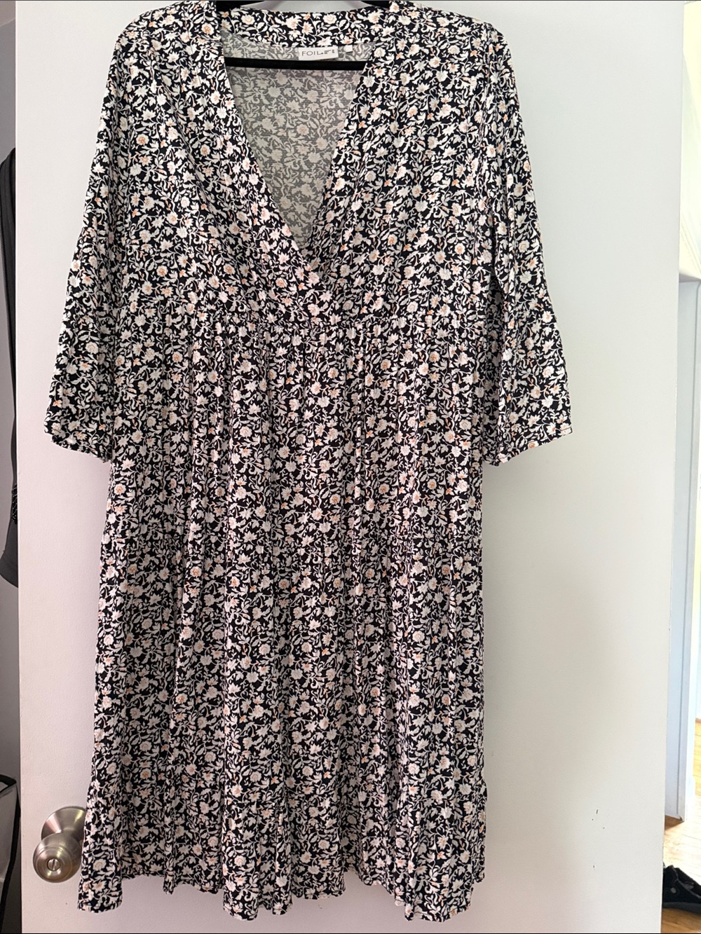 Floral V-Neck Babydoll Dress in Black & White & Orange